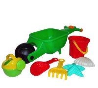 Набор №337: тачка Малыш, ведро-цветок среднее №3, совок №10, грабли №10, формочки (морская звезда №1 + ракушка №1), лейка малая №4, 64х23х23 см.