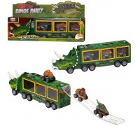 Машинка Junfa Автовоз-динозавр зеленый с 3 машинками-динозаврами со съездом