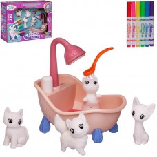 Набор для творчества Junfa Фигурки для раскраски. Котята в ванне с душем (4 фигурки для раскраски, 6 фломастеров, щетка, раскраска)