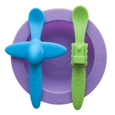Набор посуды: фиолетовая тарелка, голубая ложка в форме самолета, зеленая ложка в форме поезда (OOGAA, 812)
