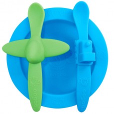 Набор посуды: голубая тарелка, зеленая ложка в форме самолета, голубая ложка в форме поезда (OOGAA, 814)