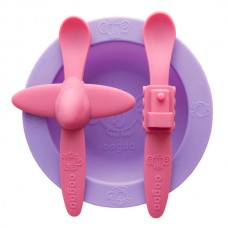 Набор посуды: фиолетовая тарелка, розовая ложка в форме самолета, розовая ложка в форме поезда (OOGAA, 819пц)
