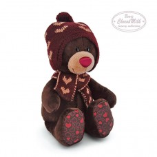 Медведь мальчик Choco сидячий в вязанной шапке с сердечками 20 см (ORANGE, C5053/20)